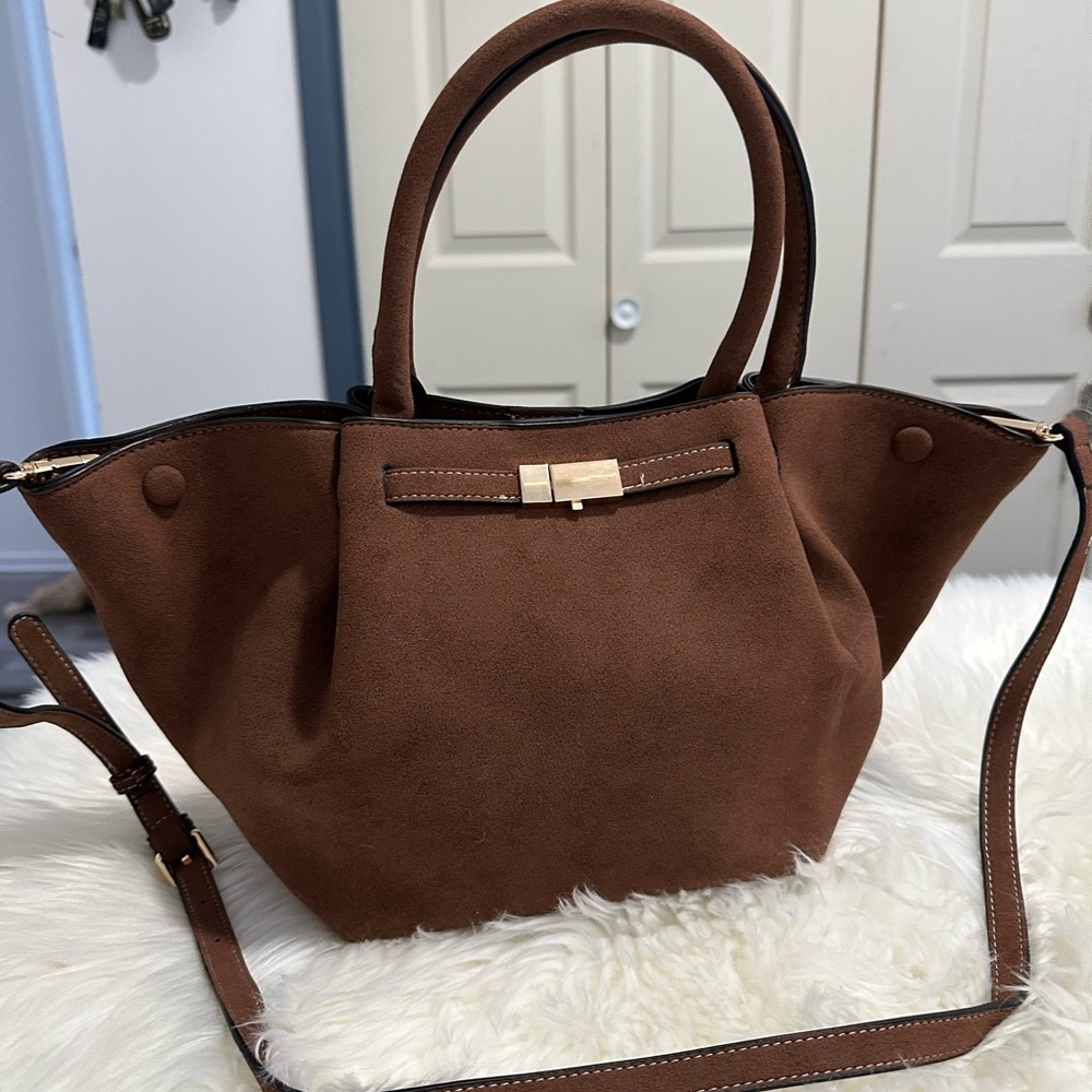 Brown Suede Shoulder Bag with Gold Hardware